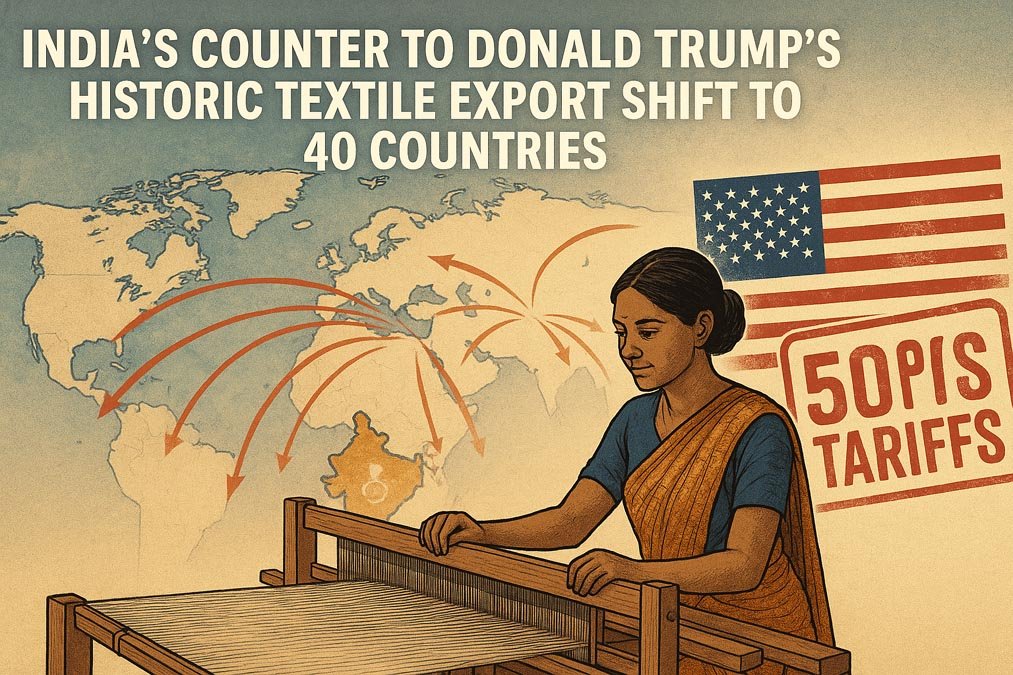 India’s counter to Donald Trump’s tariffs illustrated with textile worker, world map showing 40 nations, and U.S. flag highlighting 50% duties.