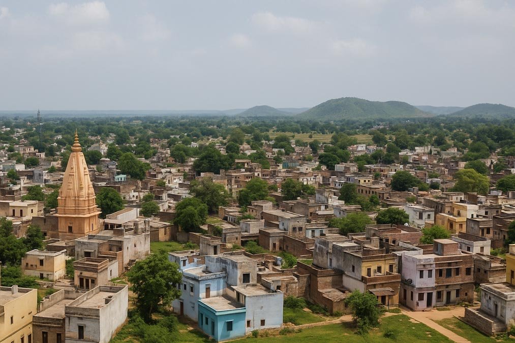 Chitrakoot Breaking News – Aerial view of Chitrakoot town with houses, temple, and green hills in the background