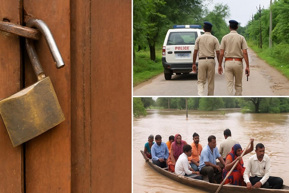 Chitrakoot Breaking News – Broken lock symbolizing theft, police patrolling on rural road, villagers in boat during flood, and local crowd scene