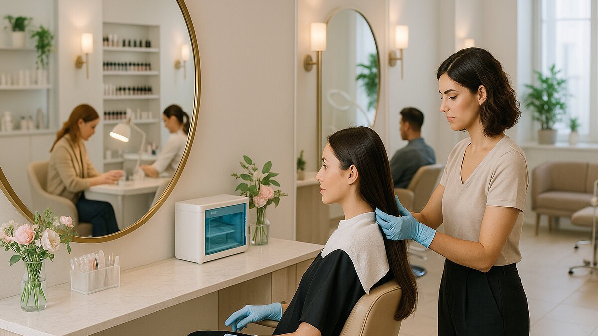 beauty parlor industry 2025: Modern beauty salon interior with hairstylist treating client; nail bar in background