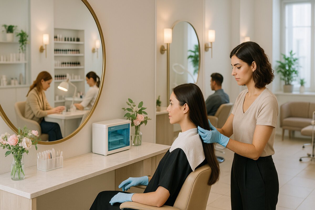 beauty parlor industry 2025: Modern beauty salon interior with hairstylist treating client; nail bar in background