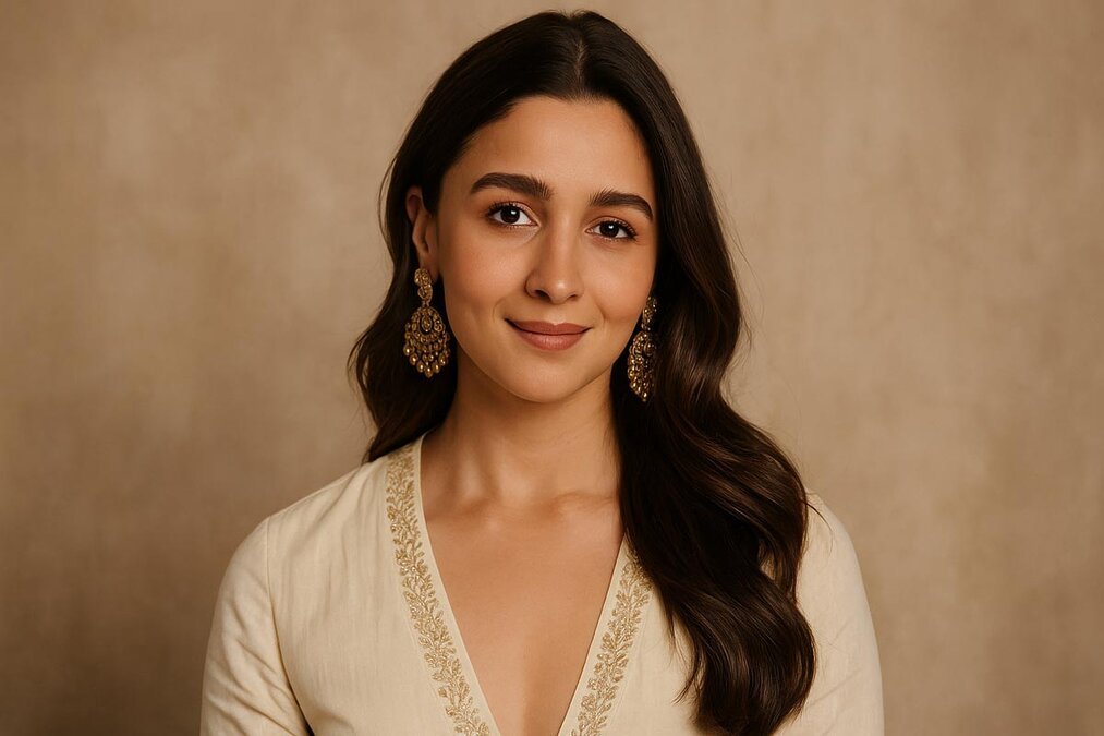 Alia Bhatt Biography 2025 – elegant Bollywood actress in ivory traditional outfit with golden embroidery