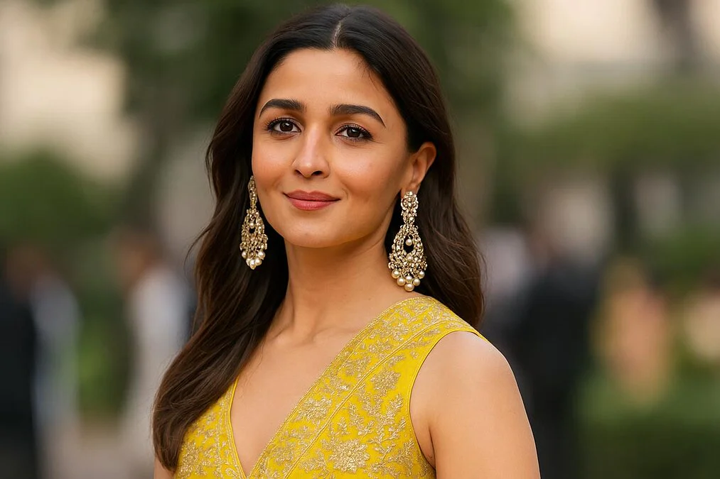 Alia Bhatt Biography 2025 – glamorous Bollywood actress in yellow saree at formal event