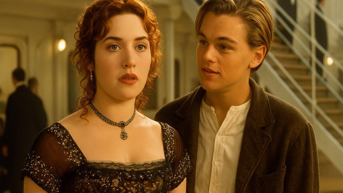 Kate Winslet as Rose and Leonardo DiCaprio as Jack in Titanic, sharing a tender moment on the ship’s deck in evening light.