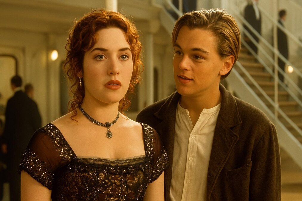 Kate Winslet as Rose and Leonardo DiCaprio as Jack in Titanic, sharing a tender moment on the ship’s deck in evening light.