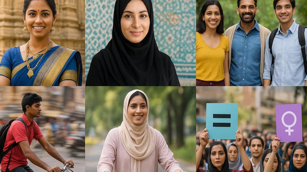 India vs Iran – A collage comparing India and Iran, showing cultural attire, lifestyle, youth, and gender equality movements.