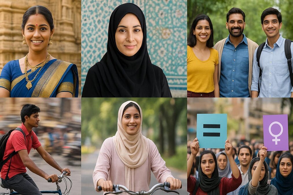 India vs Iran – A collage comparing India and Iran, showing cultural attire, lifestyle, youth, and gender equality movements.