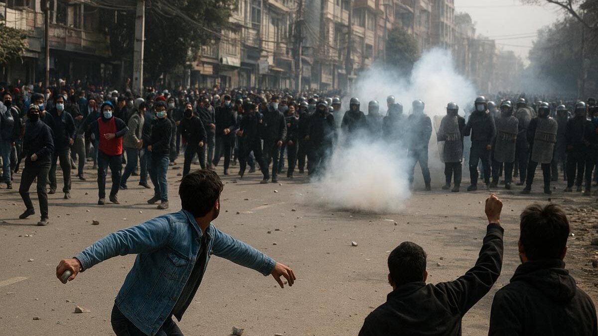 Protesters clash with riot police in Kathmandu as tear gas fills the street during Nepal unrest.