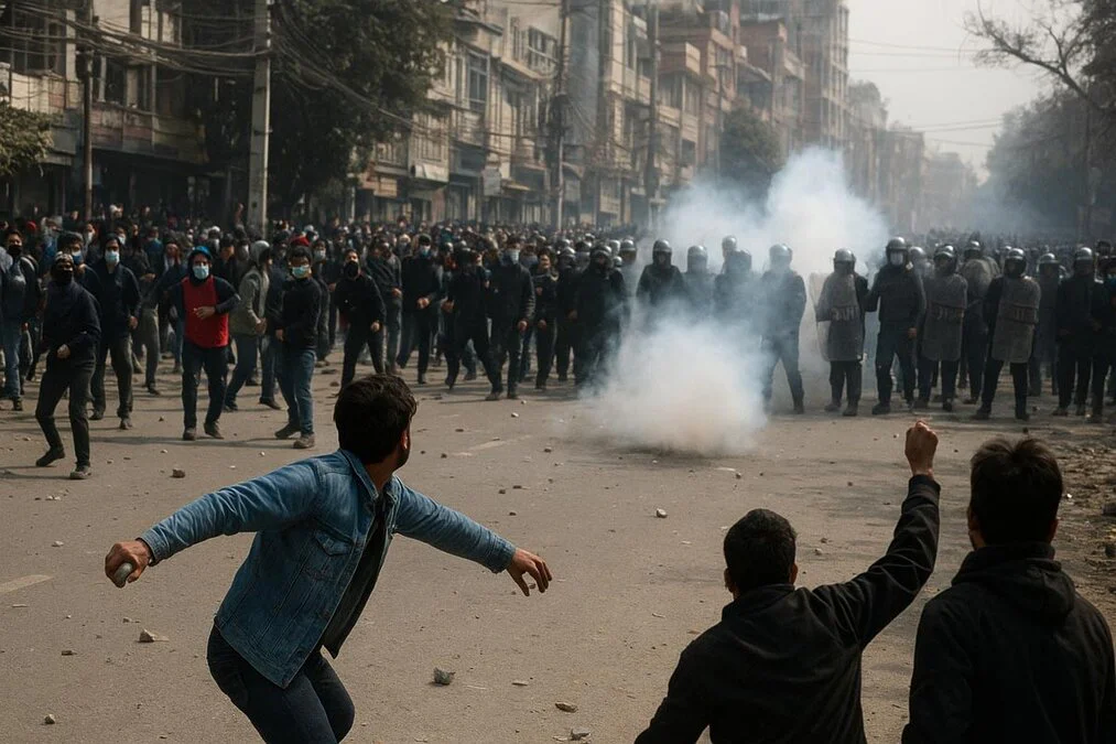 Protesters clash with riot police in Kathmandu as tear gas fills the street during Nepal unrest.