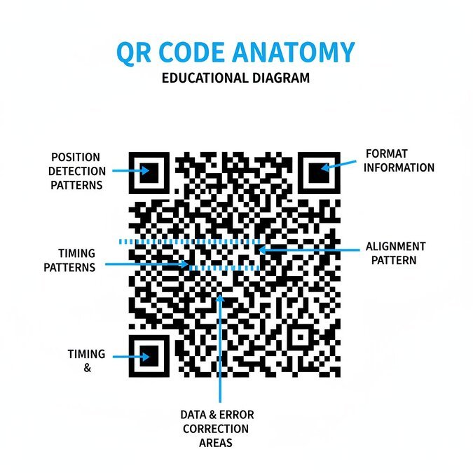 History of the QR Code : QR code anatomy diagram showing structure and patterns