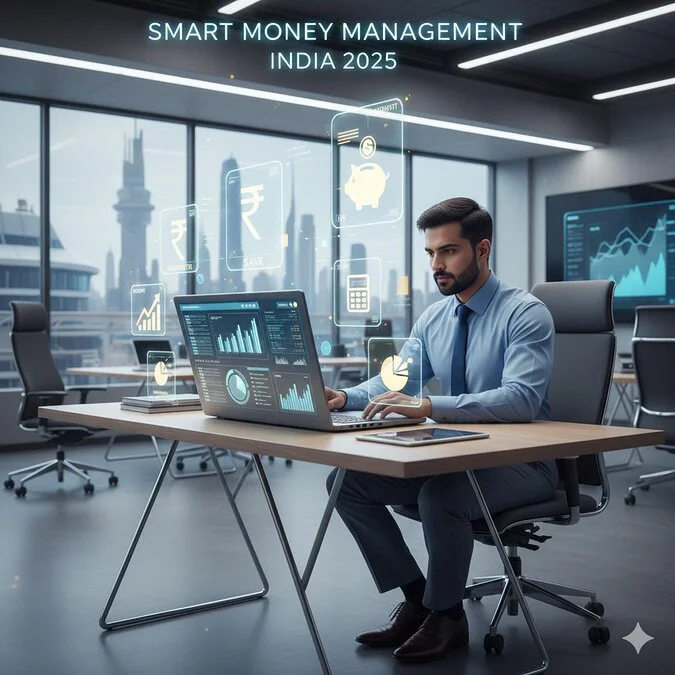 Smart Money Management in India 2025 — Indian professional analyzing digital finance charts and budgeting reports on a laptop.