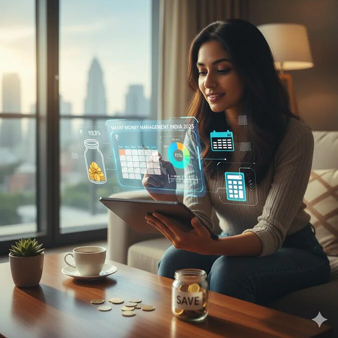 Indian person managing monthly budget and savings plan — Smart Money Management in India 2025.