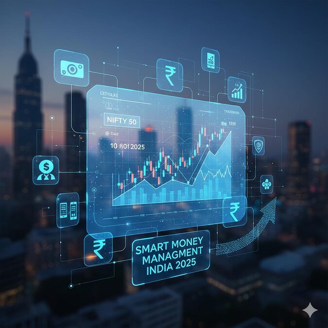 digital investment and stock market visualization with Indian rupee and mutual fund icons.