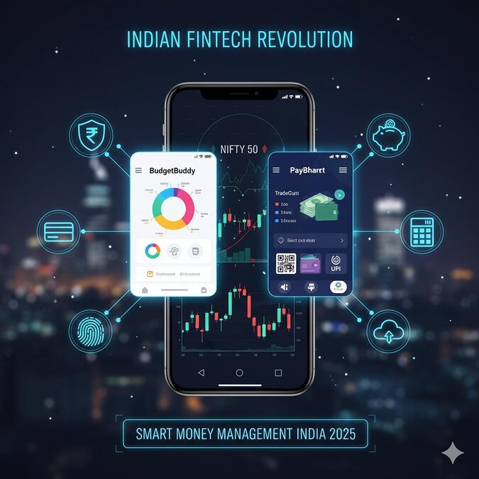 Smartphone with Indian fintech apps and digital wallet icons — Smart Money Management in India 2025.