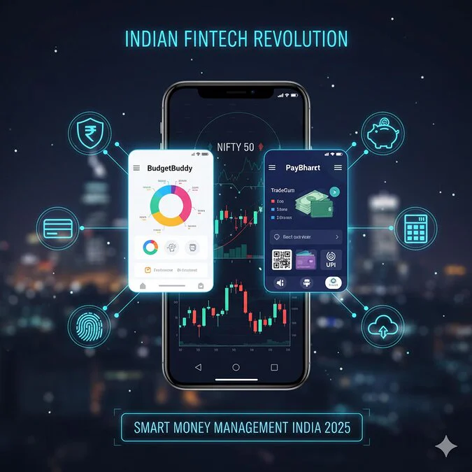 Smartphone with Indian fintech apps and digital wallet icons — Smart Money Management in India 2025.