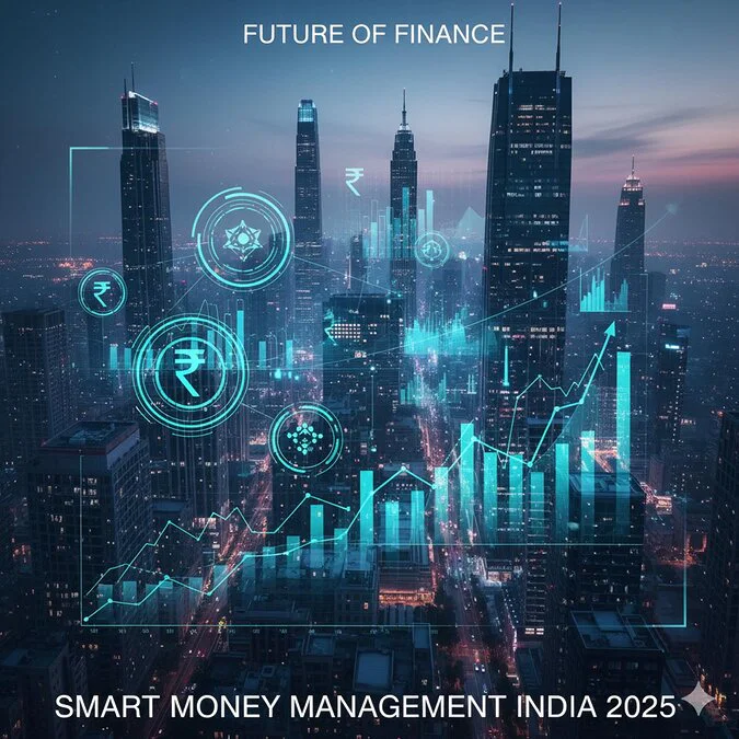 Future of Smart Money Management in India 2025 — AI-driven financial technology and rupee economy concept.