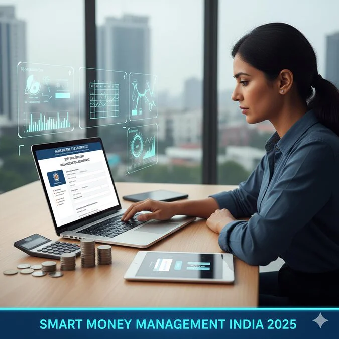 Indian taxpayer managing online income tax filing and deductions — Smart Money Management in India 2025.