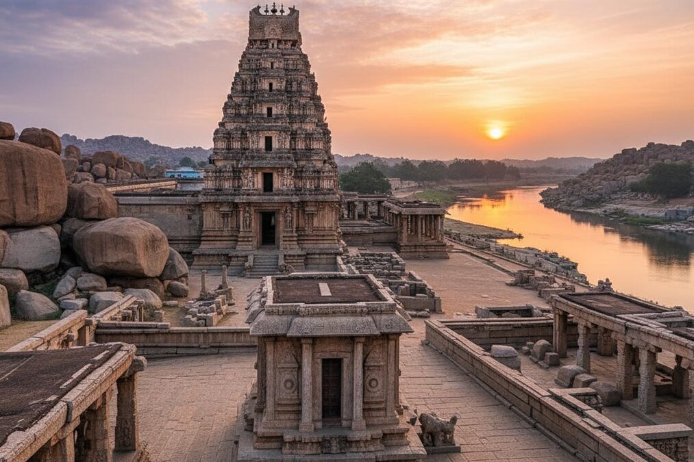 Vijayanagara Empire history Hampi ruins at sunrise with Virupaksha Temple and stone chariot.