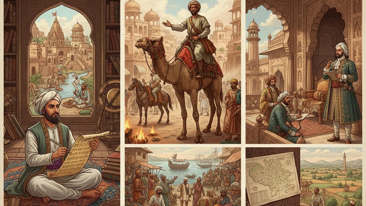 Illustration of three historical travellers—Al-Biruni, Ibn Battuta, and François Bernier—observing 11th to 17th century India, showing urban life, marketplaces, traditional architecture, social hierarchies, and cultural diversity from their unique perspectives.
