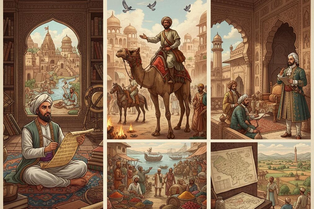 Illustration of three historical travellers—Al-Biruni, Ibn Battuta, and François Bernier—observing 11th to 17th century India, showing urban life, marketplaces, traditional architecture, social hierarchies, and cultural diversity from their unique perspectives.