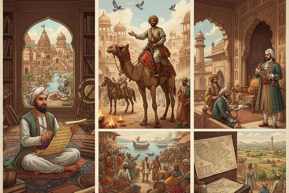 Illustration of three historical travellers—Al-Biruni, Ibn Battuta, and François Bernier—observing 11th to 17th century India, showing urban life, marketplaces, traditional architecture, social hierarchies, and cultural diversity from their unique perspectives.