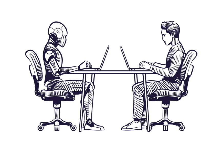 Robot and human working together at a desk, symbolizing AI augmenting human capabilities