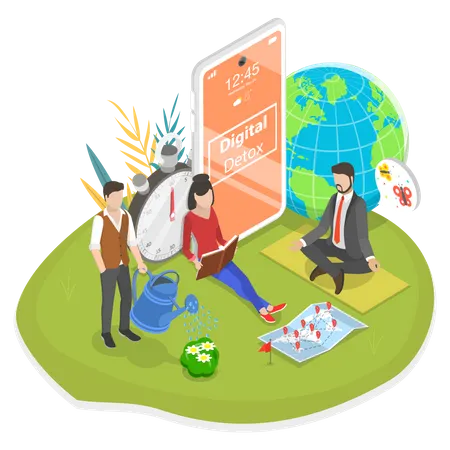 3D illustration of people relaxing outdoors to symbolize digital detox
