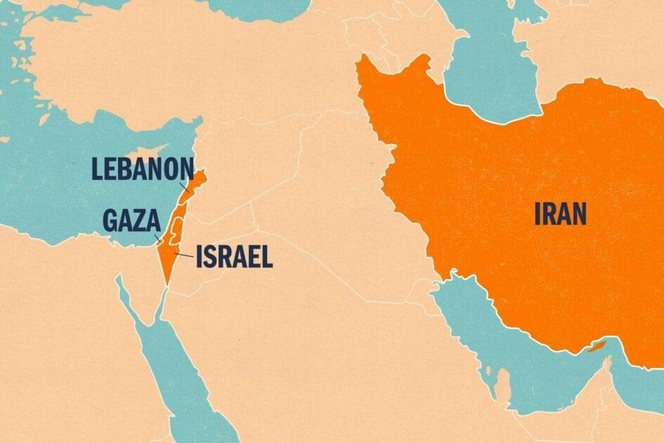 Israel–Iran War- A colored map of the Middle East showing Israel in the west and Iran in the east, with neighboring countries shaded.