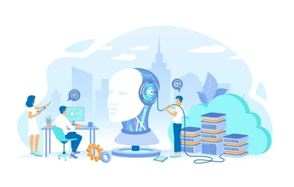 Illustration of humans and AI collaborating in a modern workspace, showcasing robotic arm and digital screens