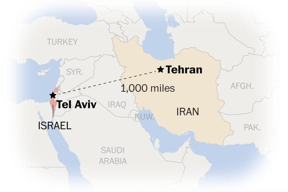 A map visual showing locations of airstrikes and missile launches between Israel and Iran during the June 2025 conflict.