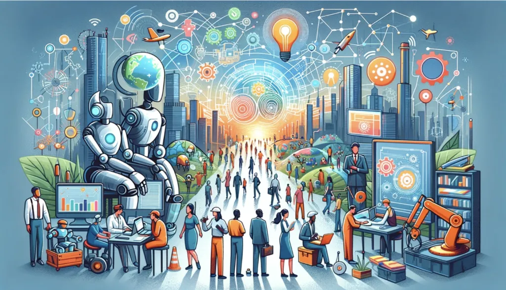 Futuristic digital representation showing AI elements and human silhouettes in a networked environment
