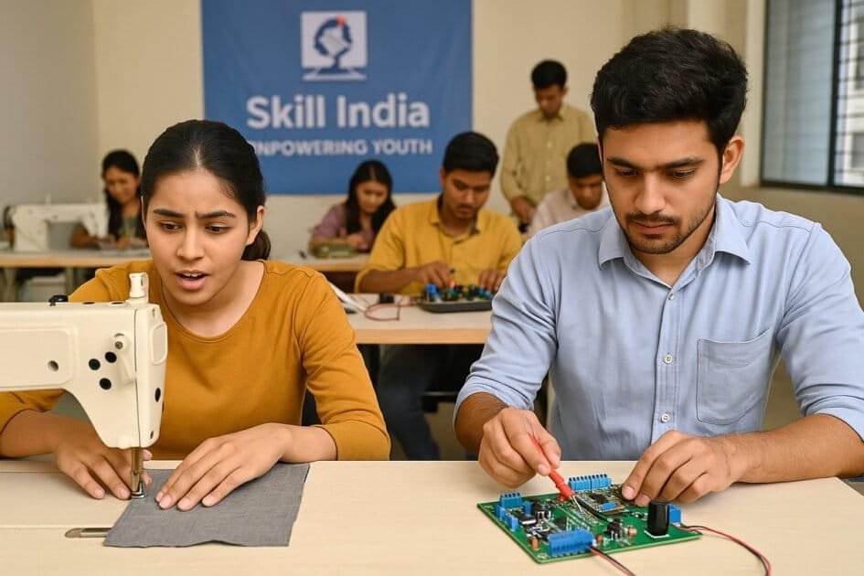 Vocational training workshop under Skill India UP Model, showing young men and women learning sewing and electronics in a classroom setting with a Skill India banner in the background.