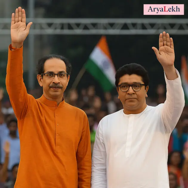 Uddhav and Raj Thackeray addressing a massive crowd together during the 2025 Shivaji Park rally