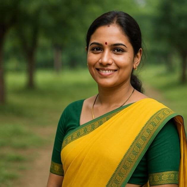 Vishwaguru Bharat - Portrait of a smiling Indian woman teacher in a yellow saree with green blouse, standing in a lush green outdoor path, representing dignity and hope in rural education.