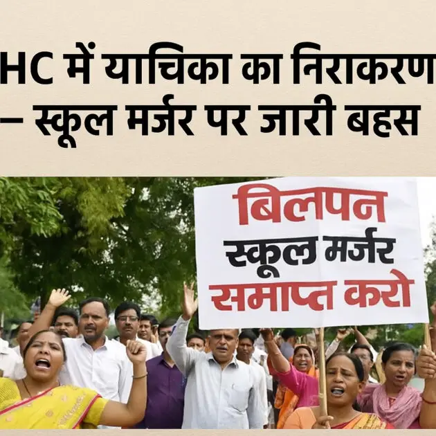 स्कूल मर्जर के विरोध में प्रदर्शन करते लोग – विलोपन / स्कूल मर्जर समाप्त करो का बैनर लिए प्रदर्शनकारी समूह