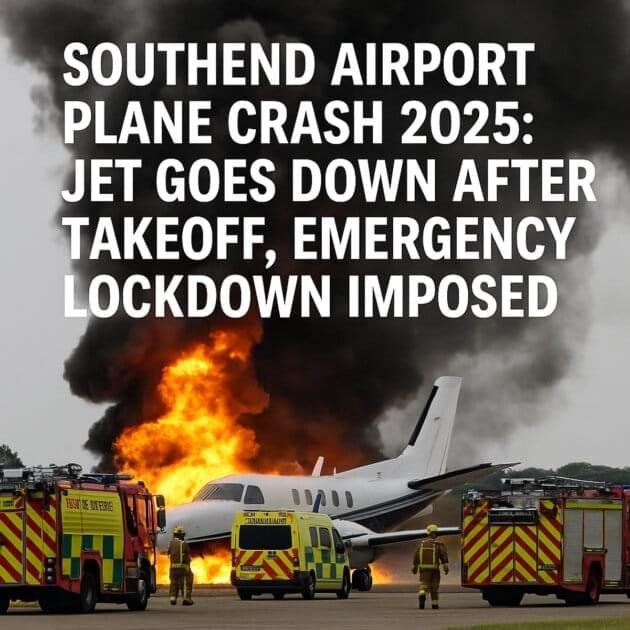 Emergency responders surround a burning Beechcraft jet at Southend Airport after the 2025 crash, with flames and black smoke rising on the runway.